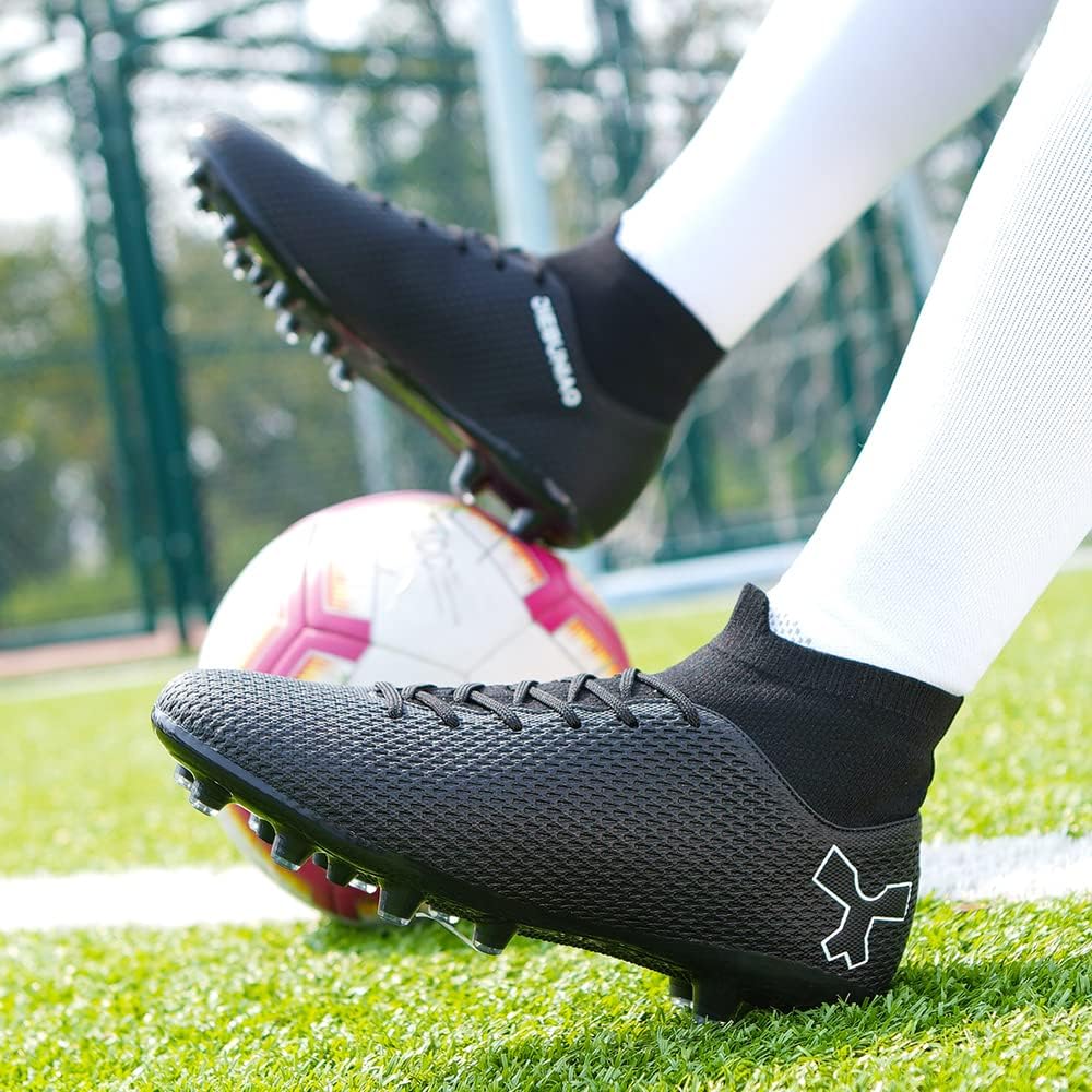 Men's Soccer Cleats Football Cleats for Mens Big Boys High-Top Spikes Shoes for Youth Professional Training Turf Indoor Outdoor Sneaker 8 Black
